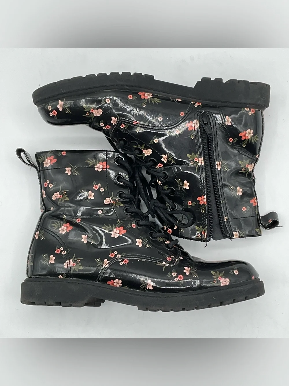 H&M Floral Patent Combat Boots Size 4 Black Lace Up Side Zip